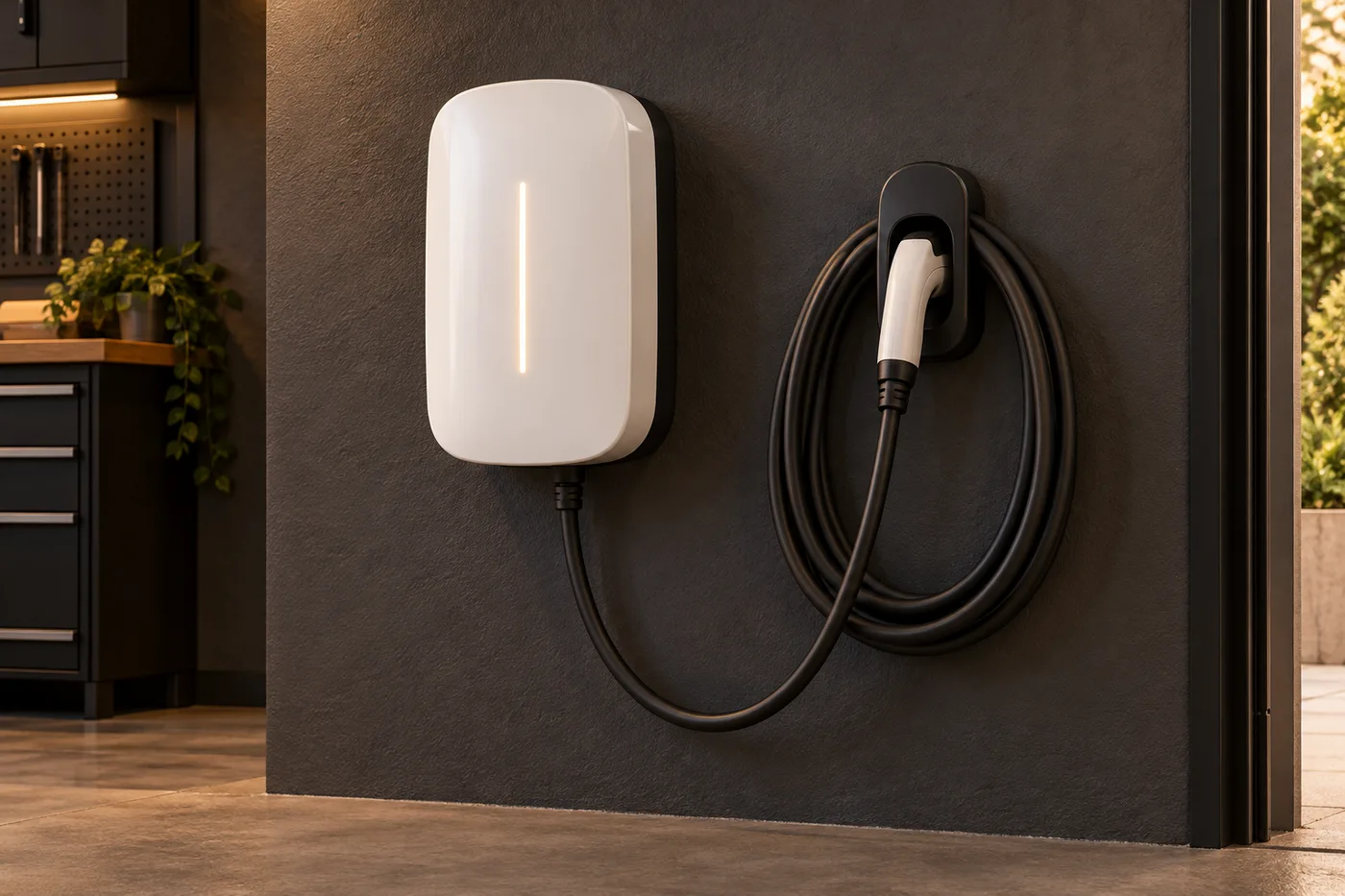 White home EV wall charger with cable attached and secured in its wall holder