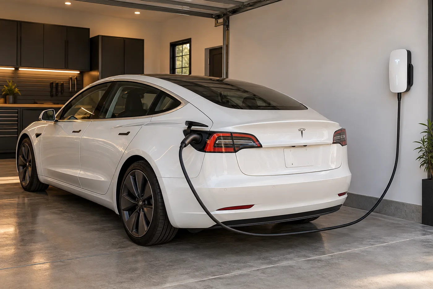 Tesla connected to a wall charger with the charging cable plugged into the car